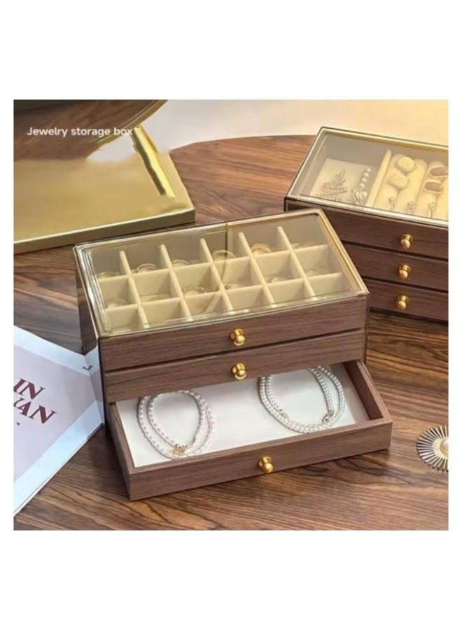 صندوق تخزين مجوهرات فاخر وواسع بثلاثة أدراج مع أدوات ذهبية - هيكل أنيق من خشب الخوخ البني العميق، قابل للتكديس مع أدراج متعددة، وأدراج مبطنة بمقلمة ناعمة، ورف عرض علوي للقلائد والأقراط والأساور - Image 2